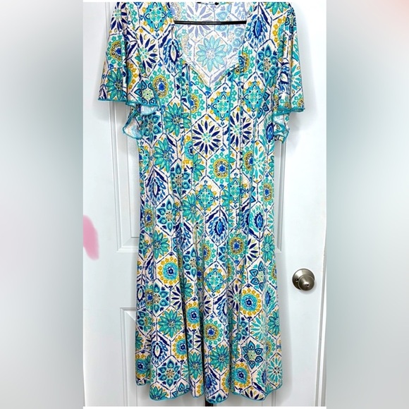Women’s Floral Tile Patterned Dress in Blue and Yellow - Picture 1 of 3